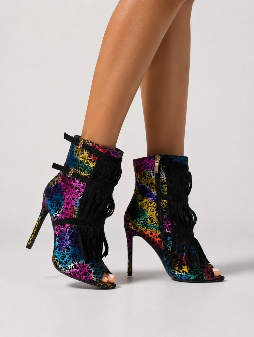 TINSTREE | Neon Rainbow Fringe Stiletto Peep Toe Ankle Boots✨ Festival Glam Heel